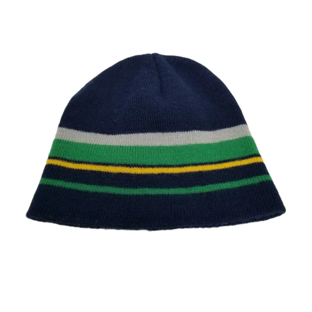 GMI Striped Beanie Boys Navy Green Yellow Knit Acrylic Preppy Winter Hat